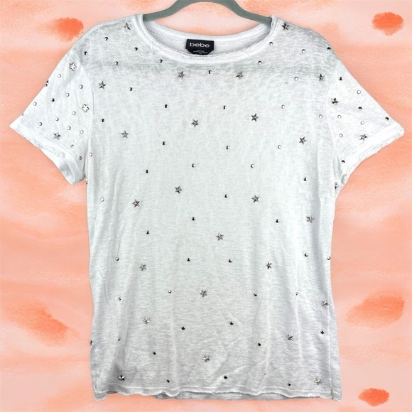 bebe Tops - Bebe Womens Stars and Dots Studded White Tee Shirt Sz Large Gauze Fabric Raw Hem